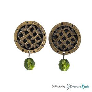 Vintage Celtic Viking Style Bronze Tone Clip On Earrings with Green Glass Beads